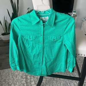 EUC Anthropologie Maeve Long Sleeve Polka Dotted Button Down, 100%, Green, M